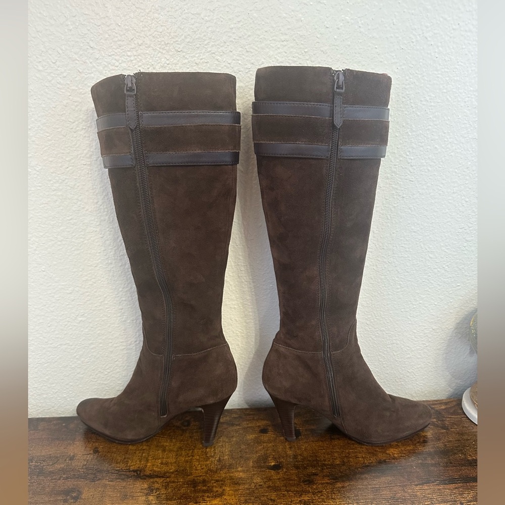 Cole Haan Dark Brown Suede Knee-High Heeled Boots with Gold Buckle - Picture 5 of 16